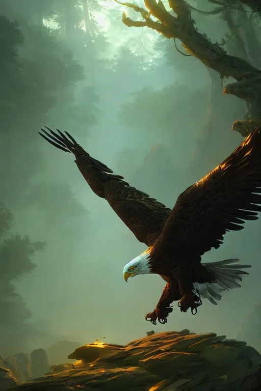 Image similar to cyborg eagle flying on a glowing forest, extremely detailed digital painting, in the style of fenghua zhong and ruan jia and jeremy lipking and peter mohrbacher, mystical colors, rim light, beautiful lighting, 8 k, stunning scene, raytracing, octane, trending on artstation