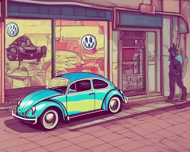 Prompt: a study of cell shaded cartoon of a Volkswagen Beetle infront of a store front, road, illustration, vivid colors, post grunge, concept art by josan gonzales and wlop, by james jean, Victo ngai, David Rubín, Mike Mignola, Laurie Greasley, highly detailed, sharp focus, alien, Trending on Artstation, HQ, deviantart, art by artgem