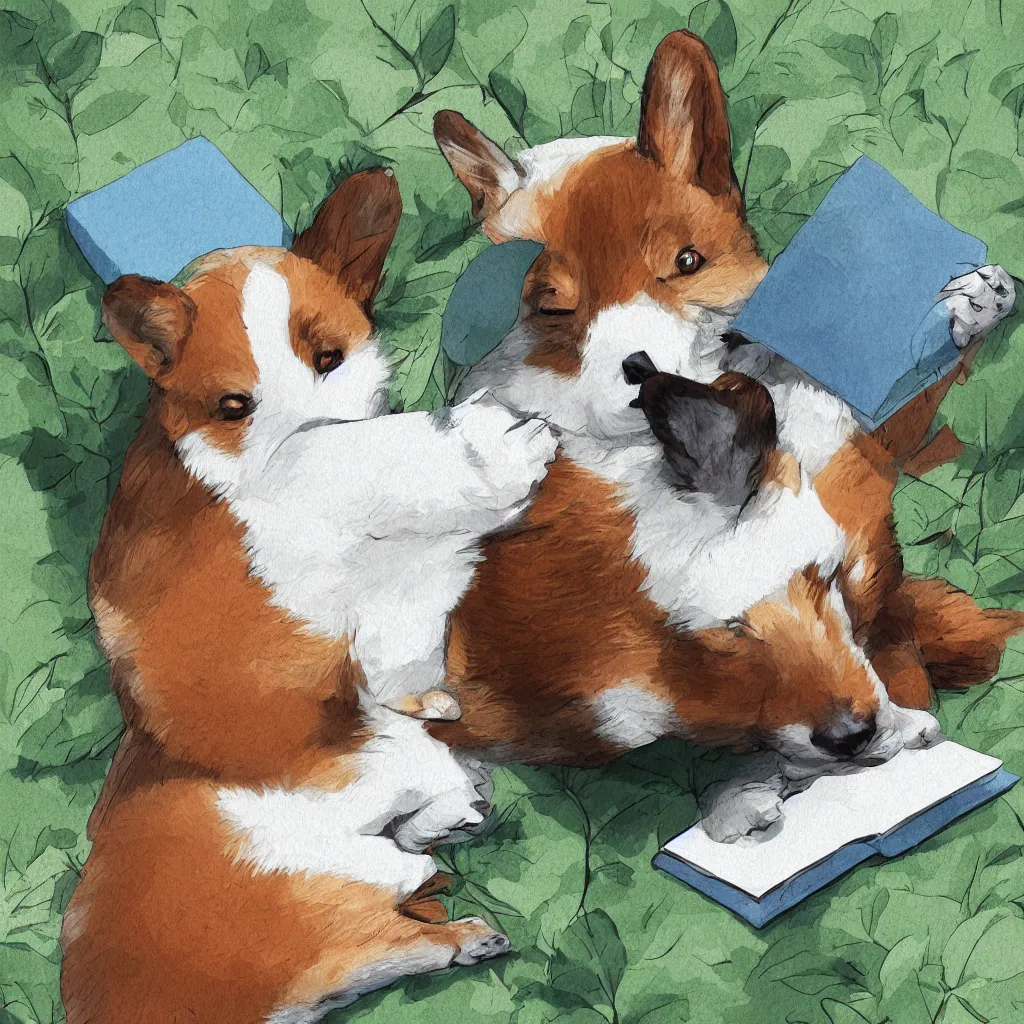 Prompt: very sad crying corgi sitting behind notebook on bed among the greenery, digital art painting