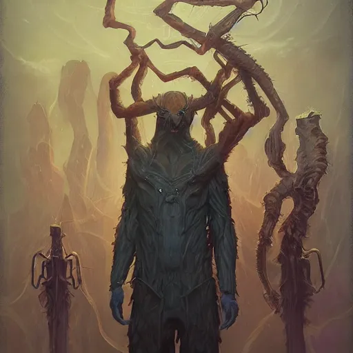 Image similar to Portrait of Handsome Spider Cryptid Model Standing, the humanoid. willian murai Pete Mohrbacher Raymond Swanlandy todd lockwood marc simonetti stephan matiniere Lamin Martin.