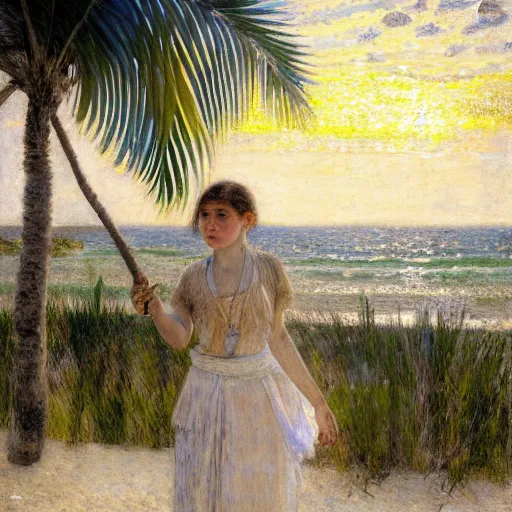 Image similar to a ultradetailed beautiful painting of a girl in the amazonas palace designed by jules bastien - lepage, hans belmer, frank weston and gustave baumann, beach, trending on artstation, mediterranean, palm trees, light sparkles, sharp focus, soft light, 8 k 4 k