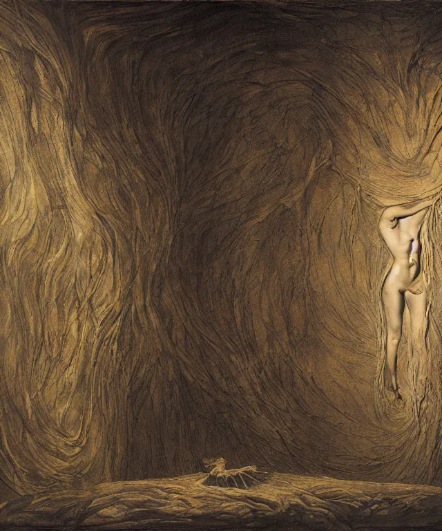 Image similar to The room without doors and windows with beautiful full-body wax sculpture of the glowing woman with visible golden bones inside her in the singularity where stars becoming baroque folds of dark matter by Michelangelo da Caravaggio, Nicola Samori, William Blake, Alex Grey and Beksinski, dramatic volumetric lighting, detailed oil painting, 8k, masterpiece