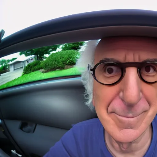 Image similar to larry david in his 2 0 0 9 prius, fisheye lens, anime style