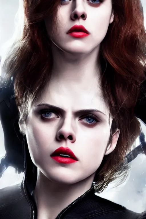 Image similar to alexandra daddario as black widow in avengers, realistic portrait photography, very detailed face