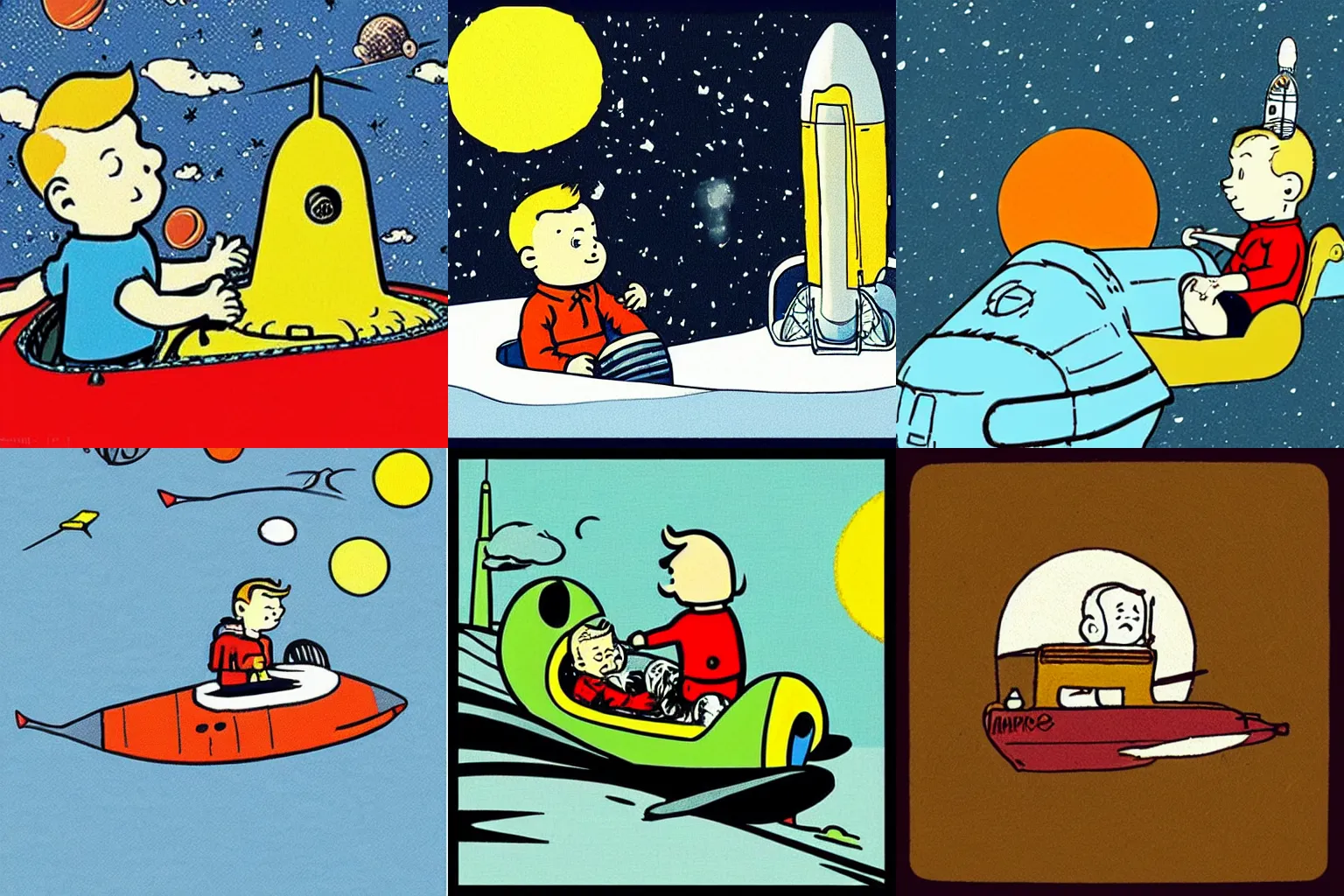 Prompt: “coloured illustration of tintin headed to mars in rocket ship with snowy, by herge”