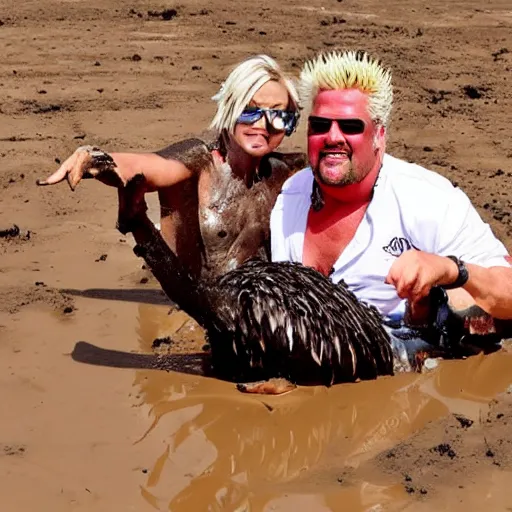 Image similar to guy fieri high mud wrestling an ostrich