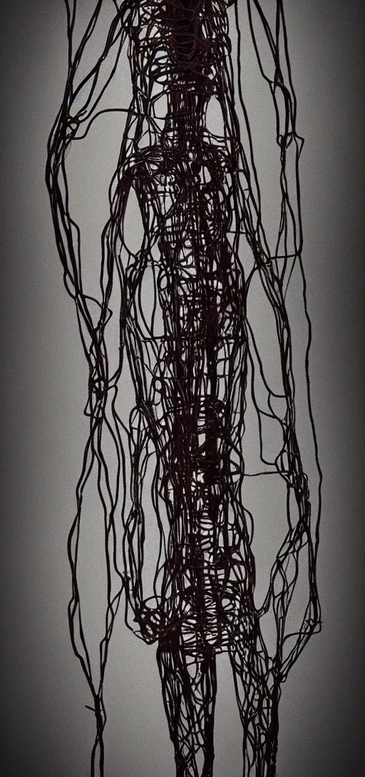 Image similar to human made out of wires and machinery, tall, body horror, creepy, disturbing, dark,