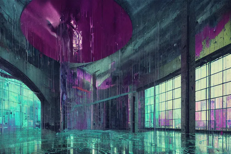 Image similar to abandoned 9 0 s interior with large organic circular windows, rain like a dream, oil painting, cinematic, dramatic, volumetric lighting, cyberpunk, basquiat + francis bacon + gustav klimt + beeple, elevated street art, fantasy lut, textural, pink, blue, purple, green,