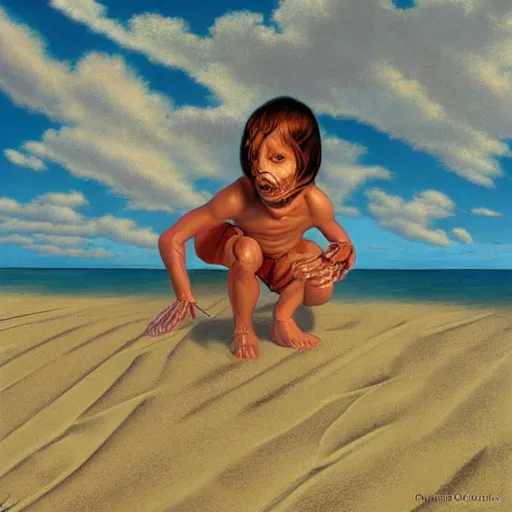 Prompt: skeleton child playing in the sand at the beach, stormy skies by Greg Hildebrandt