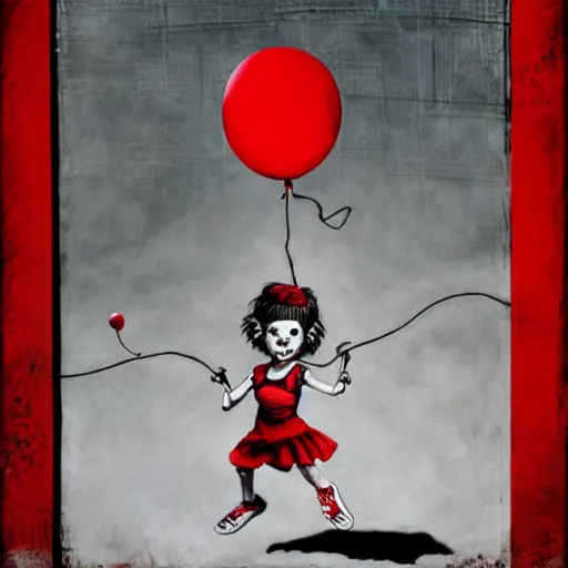 Prompt: grunge cartoon painting of a little girl playing witha jump rope with a wide smile and a red balloon by chris leib, loony toons style, pennywise style, horror theme, detailed, elegant, intricate