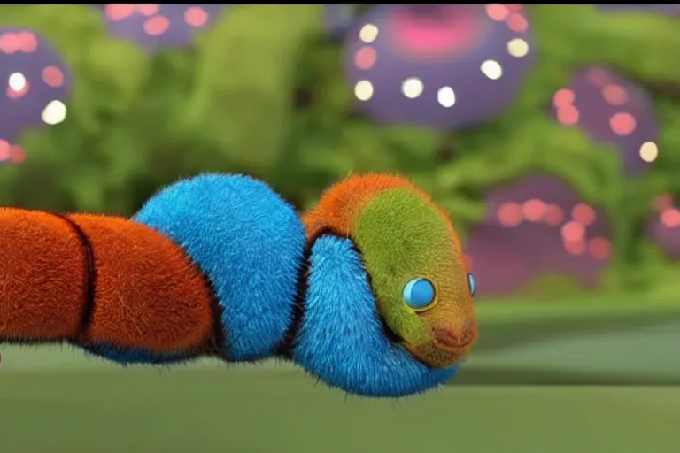 Image similar to disney pixar's a bug's life, cgi caterpillar colorful, furry caterpillar