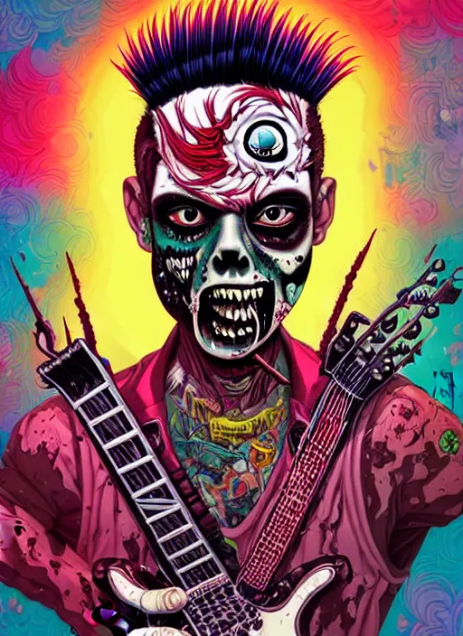 Image similar to a zombie punk rocker with a mohawk playing electric guitar, tristan eaton, victo ngai, artgerm, rhads, ross draws, rule of thirds by francis tneh