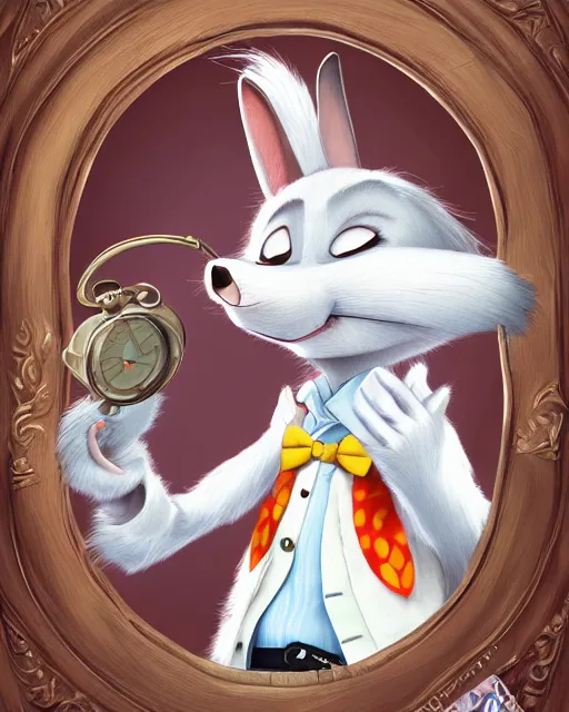 Image similar to portrait of a smiling white rabbit from alice in wonderland, zootopia movie style, looking at his pocket watch, digital art, 4k, award winning