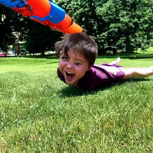 Image similar to kid sliding down chocolate pudding head first, slip n slide, photo taken at the park