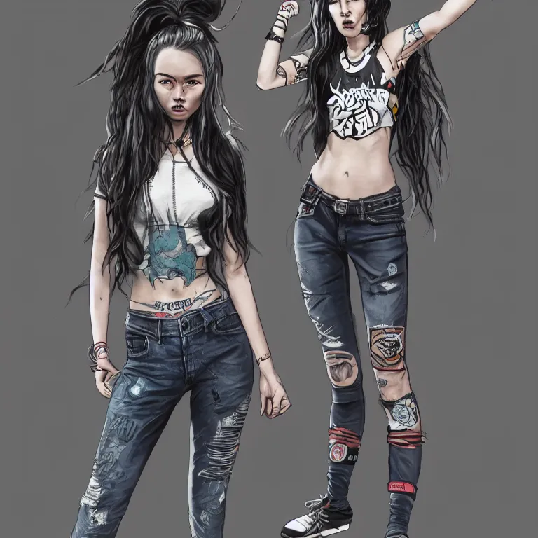 Prompt: a singular punk girl with long hair band tshirt and tight jean shorts giving the middle finger, concept art, masterpiece 4 k digital illustration by sungmoo heo, highly detailed, trending on artstation, award winning