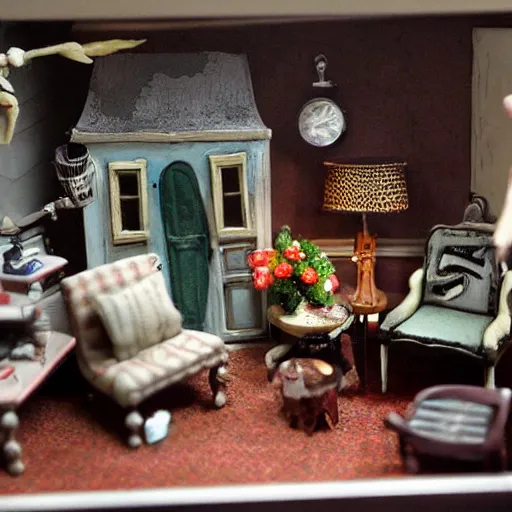 Prompt: miniature diorama of tim burton's living room - n 6