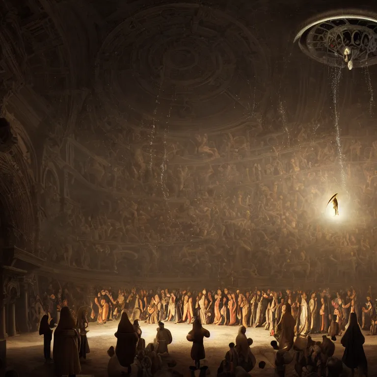 Prompt: crowd of medieval people surrounding UFO flying saucer, dream-like atmosphere, baroque painting, beautiful detailed intricate insanely detailed octane render trending on Artstation, 8K artistic photography, photorealistic, soft natural volumetric cinematic light, chiaroscuro, award-winning photograph, masterpiece, Raphael, Caravaggio, Greg Rutkowski, Beeple