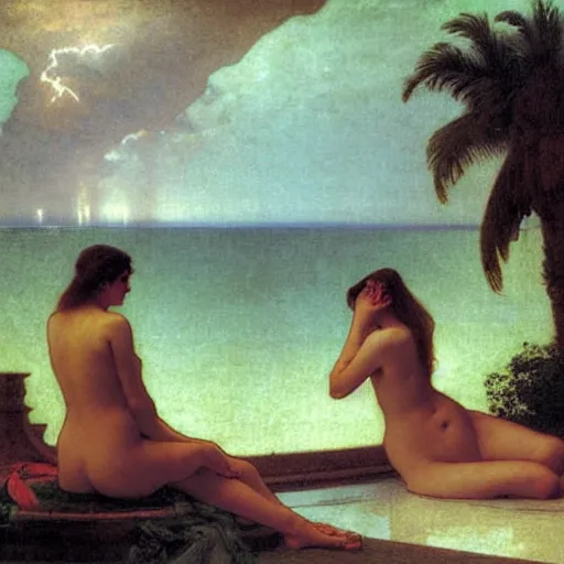 Image similar to Silhouette of two girl at the palace, thunderstorm, greek pool, beach and palm trees on the background major arcana sky, by paul delaroche, alphonse mucha and arnold böcklin arnold böcklin hyperrealistic 8k, very detailed