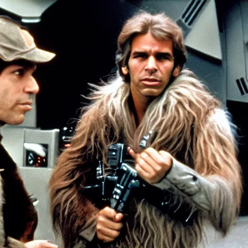 Prompt: jeffrey epstein as han solo, star wars vintage on set photo with chewbacca