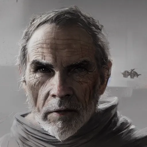 Prompt: portrait of a man by greg rutkowski, old jedi master, he looks like sam witwer, very short hair, wearing gray jedi robes, star wars expanded universe, he is about 6 0 years old, highly detailed portrait, digital painting, artstation, concept art, smooth, sharp foccus ilustration, artstation hq