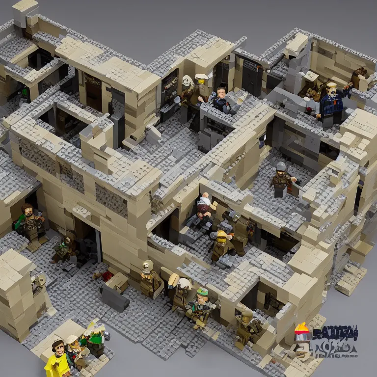 Prompt: fbi raid osama bin laden's final hideout in abbottabad, pakistan lego set product marketing, photorealistic, studio lighting, highly detailed