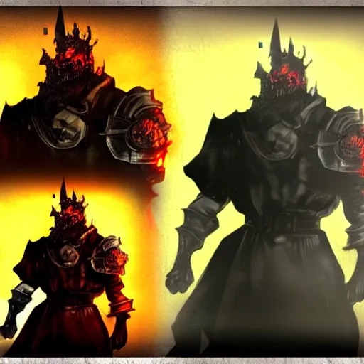 Image similar to fantasy concept art of stalin as a boss in dark souls, colored, trending on artstation