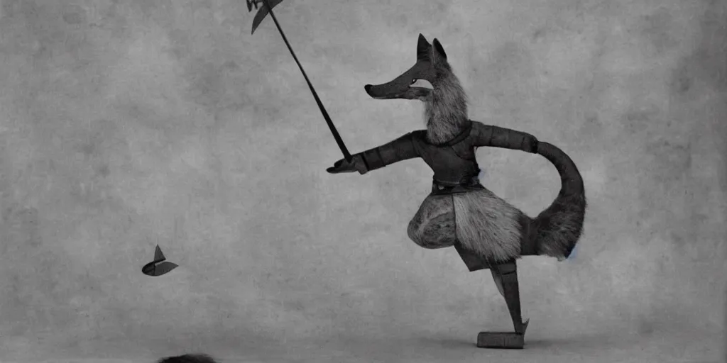 Image similar to anthropomorphic fox who is a medieval knight pointing a sword towards a stormy thundercloud 1 9 3 0 s film still, ladislas starevich puppet