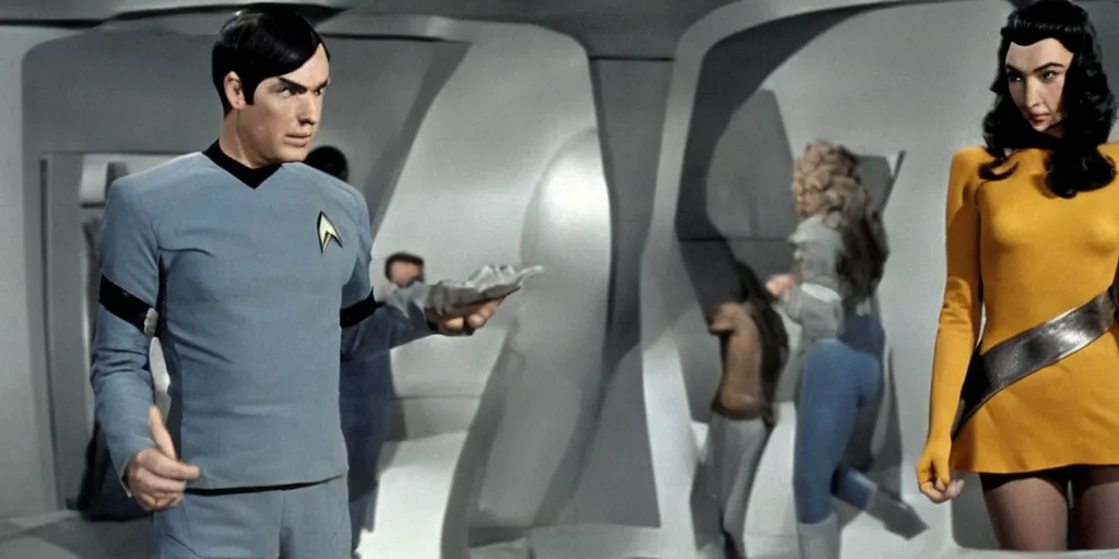 Image similar to a scene from Trouble with Tribbles!!! an episode of the original Star Trek series, with Gal Gadot, in Starfleet uniform, in the role of Captain Kirk