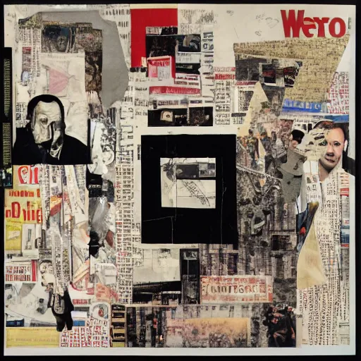 Prompt: a paper collage of armageddon, kurt schwitters, richard hamilton, joe webb, chambliss giobbi, lynn skordal, derek gores, barbara kruger, jacques villegle.