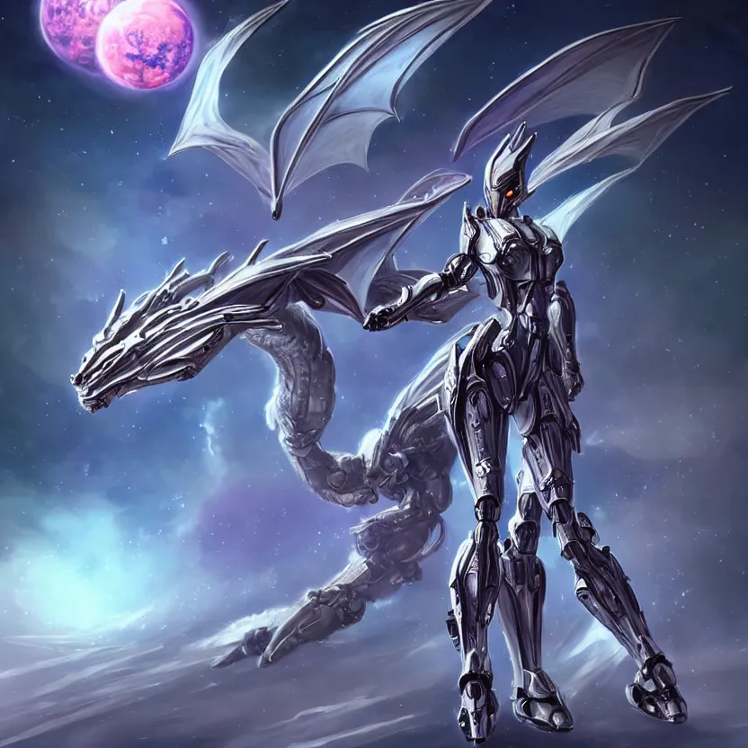 Image similar to goddess shot, galactic sized stunning beautiful anthropomorphic robot mecha female dragon, in space, larger than planets, posing elegantly, the earth a mere marble in her claws, detailed silver armor, epic proportions, epic scale, detailed digital art, ultra detailed, furry art, macro art, dragon art, giantess, warframe fanart, furaffinity, deviantart, realistic