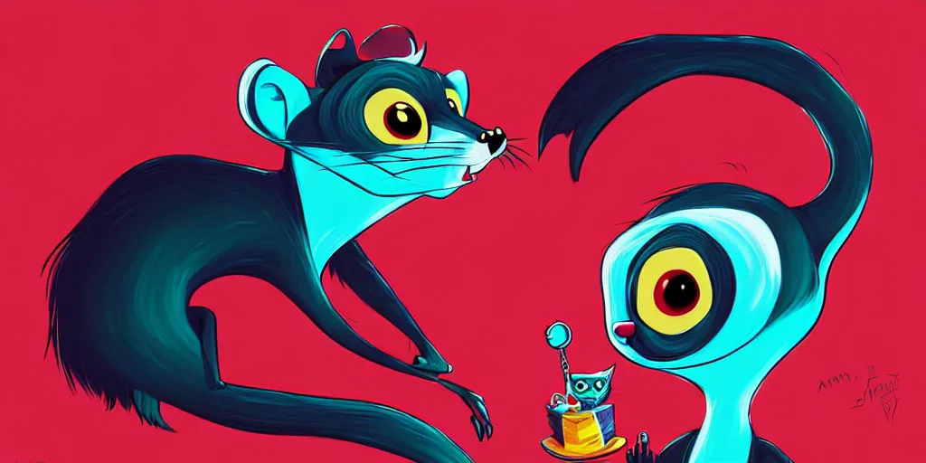 Image similar to curved perspective, extreme narrow, extreme fisheye, digital art of a marten animal cartoon character wearing a wig a jewlery by anton fadeev from nightmare before christmas