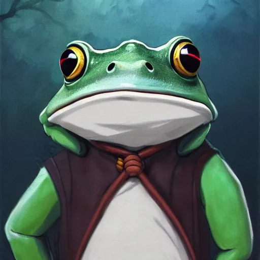 Image similar to A portrait of a wizard but his head is a frog', painted by Studio Ghibli, 4k, traditional art, trending on deviantart, highly detailed, full body shot, wide depth of field, professional lighting, airbrush