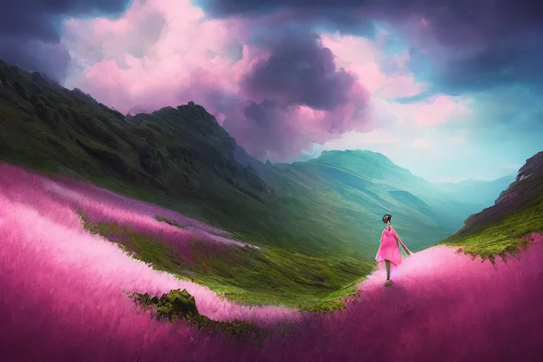 Image similar to giant dahlia flower crown head, young girl walking on mountain, surreal photography, pink storm clouds, dramatic light, impressionist painting, digital painting, artstation, simon stalenhag