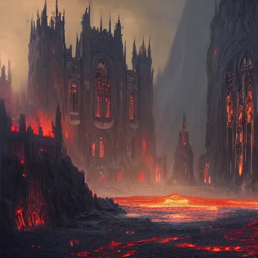 Prompt: an obsidian gothic cathedral with a giant obsidian door and a path leading to it, in the elemental plane of fire, with rivers of lava surrounding it, Dungeon and Dragon illustration, painted by Greg Rutkowski, 4k, trending on ArtStation