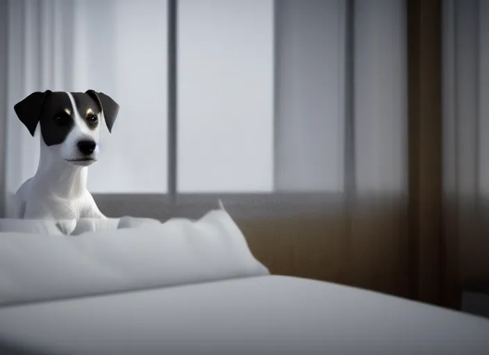 Image similar to photography of a Jack Russel watching outside the window on a bed in a 3d rendered white room, octane render, 3d, foggy, volumetric light, volumetric fog, photorealistic, unreal engine 5, award winning photo, 100mm, sharp, cloth, high res