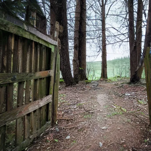 Prompt: path leading to an entrance with a gate to a forest with an abandoned wooden house