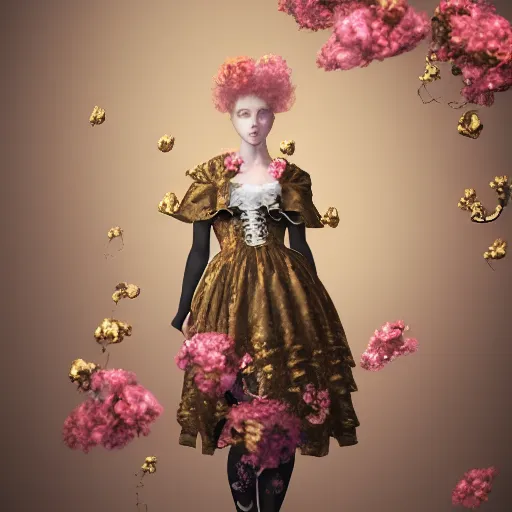 Image similar to 8k, octane render, realism, tonalism, renaissance, rococo, baroque, portrait of a young lady wearing long harajuku manga dress with flowers and skulls, background chaotic gold leaf flowers