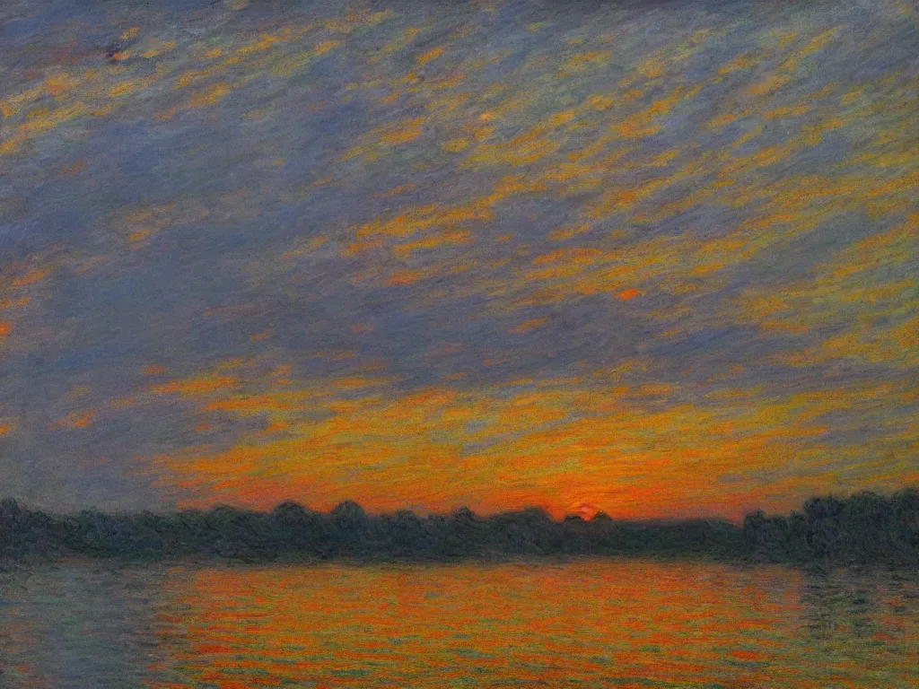 Prompt: trending on artstation, a beautiful river during sunset, in the style of Claude Monet