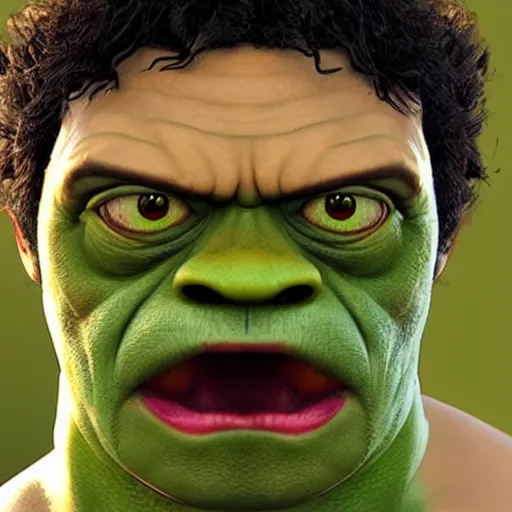 Image similar to pepe hulk, realistic, frame from marvel movie