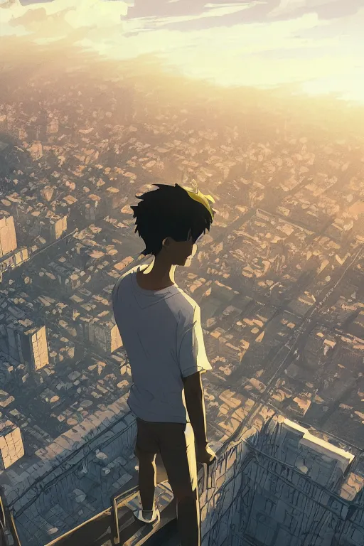 Prompt: depressed boy in black adidas sportswear looking atop of a urban plateau filled with detailed soviet apartment buildings, golden hour, dreamy, serenity, beautiful clouds, ultra detailed beautiful lighting, flying birds, light rays, wallpaper, suburbs, ArtStation, beautiful artwork by Makoto Shinkai