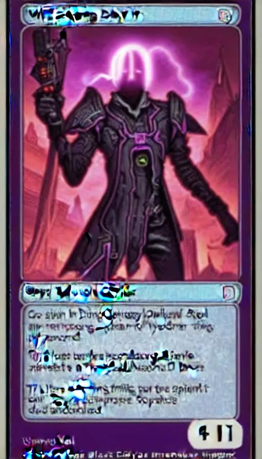 Image similar to the whispering cyber - devil, cyberpunk trading card, card art, magic the gathering and hearthstone style