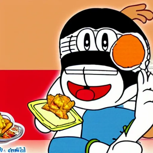 Image similar to doraemon eating samosa, manga!! style