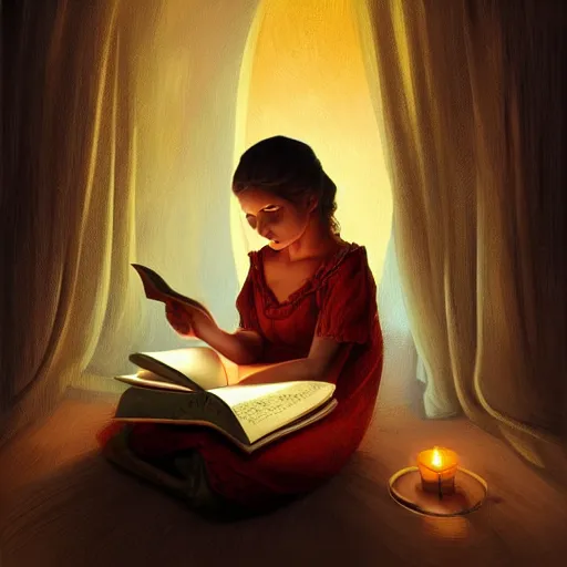 Prompt: village girl reading a book, candle light, highly detailed, digital painting, artstation, concept art, art by artgerm and Johfra Bosschart