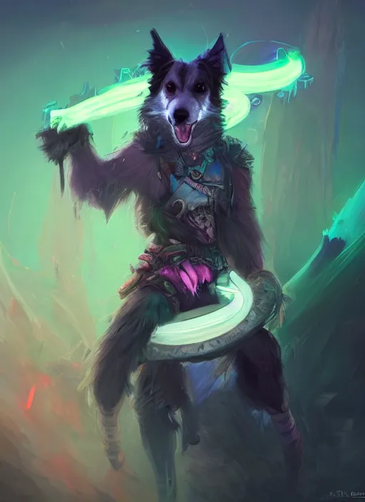 Image similar to wide angle beautiful full body portrait of a cute male anthropomorphic anthro border collie fursona wearing a barbarian outfit in a dark neon rainbow, character design by charlie bowater, henry asencio, and ross tran, disney, scenic background, detailed, glamor pose, aesthetic, trending on artstation, furaffinity, deviantart