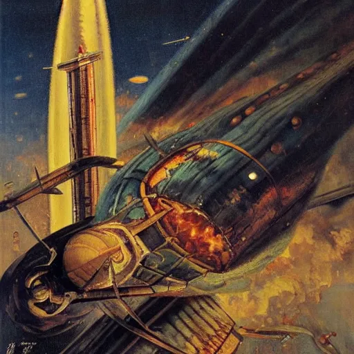 Prompt: a greek spaceship, stuck in the ground, the spaceship is on fire, smoke, rainstorm, lightning, angry, kinetic, adolphe bouguereaum, norman rockwell, highly detailed oil painting,