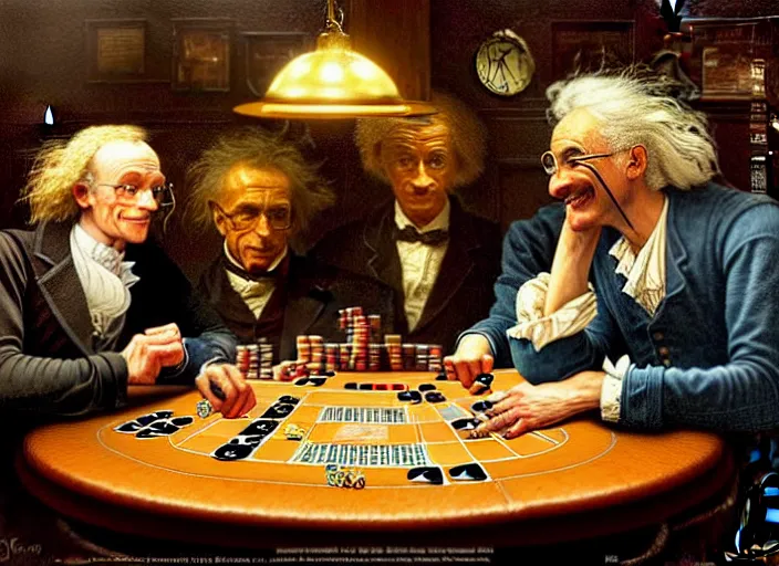 Image similar to isaac newton and stephen hawkins and albert einstein playing poker in an old west saloon, intricate, highly detailed, centered, digital painting, artstation, concept art, smooth, sharp focus, illustration, art by james gurney and norman rockwell and greg rutkowski