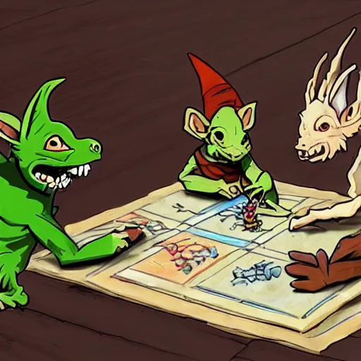 Image similar to a goblin and a kobold playing Dungeons&Dragons with colorful dice, handbooks, pencil and paper, studio Ghibli style