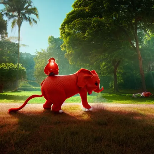 Image similar to a hyperrealistic photograph 3D octane render of a small red cat riding on a huge elephant in the park on a sunny day, trending on artstation, 4K, dramatic lighting, glowing, volumetric lighting, ray tracing, unreal engine