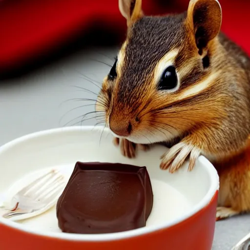 Prompt: photo of chipmunk sitting inside chocolate pudding, messy