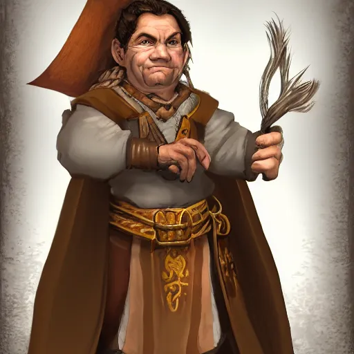 Prompt: baldurs gate 2 portrait of a male halfling cleric with defined cheekbones, dark blonde hair tied in a ponytail, wearing a brown and white robe with a white and brown cloak, wry smile